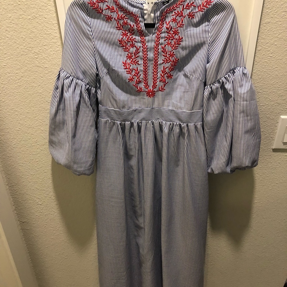 Lantern Sleeve Embroidered Striped Dress - Picture 6 of 8